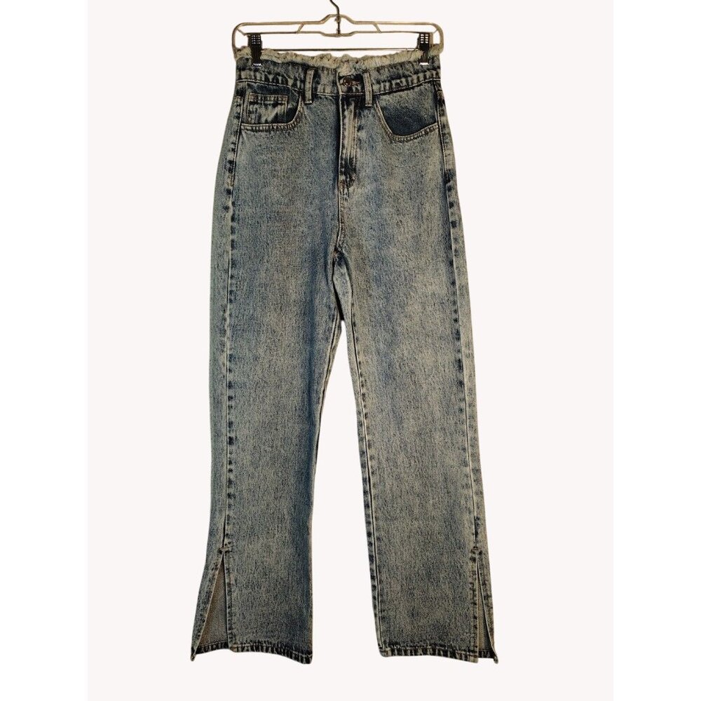 Shein Jeans 2 Raw Waist High Rise Split Cuff Stonewash Straight